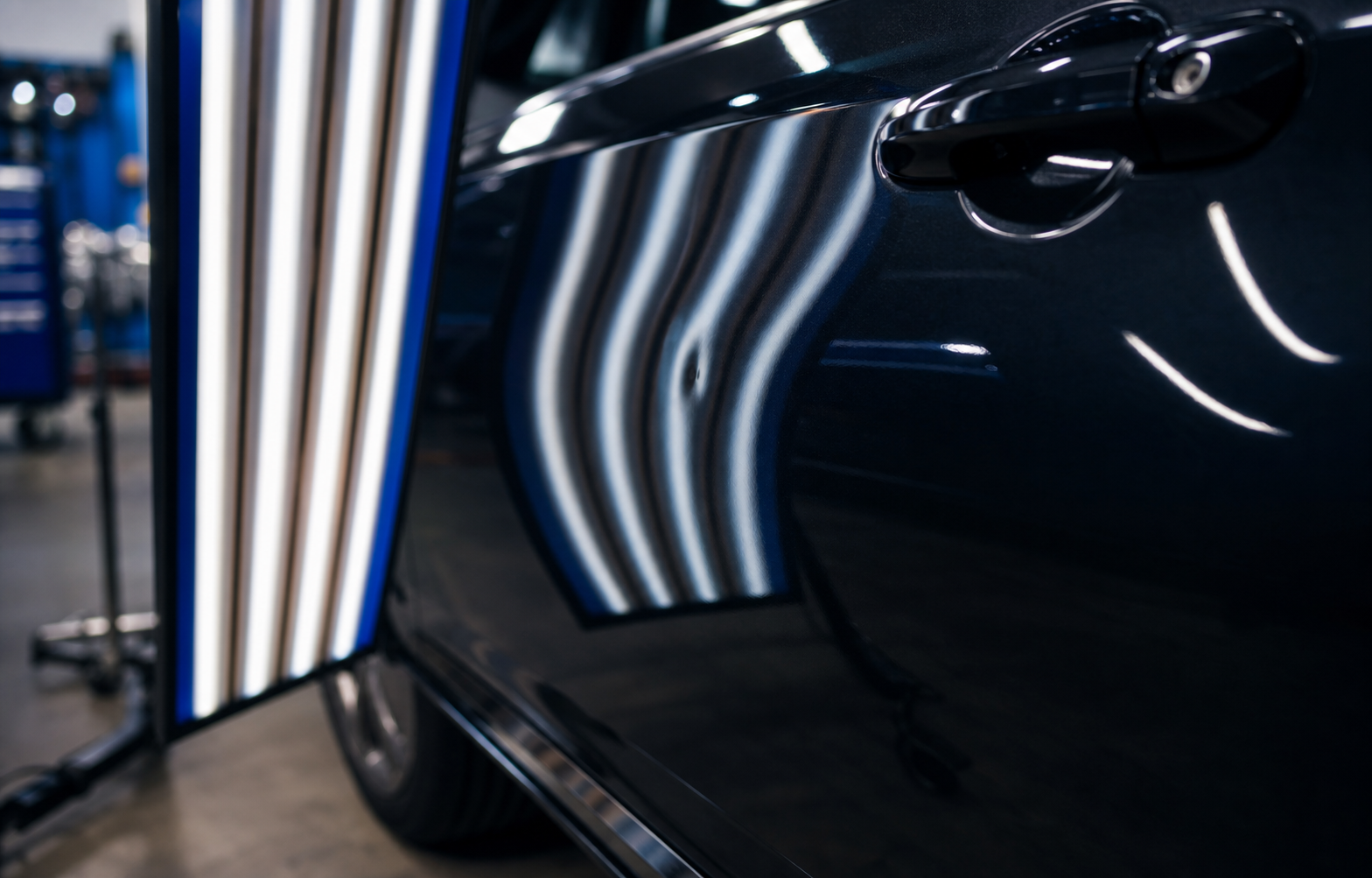 Door ding inspection with paintless dent repair reflection lights