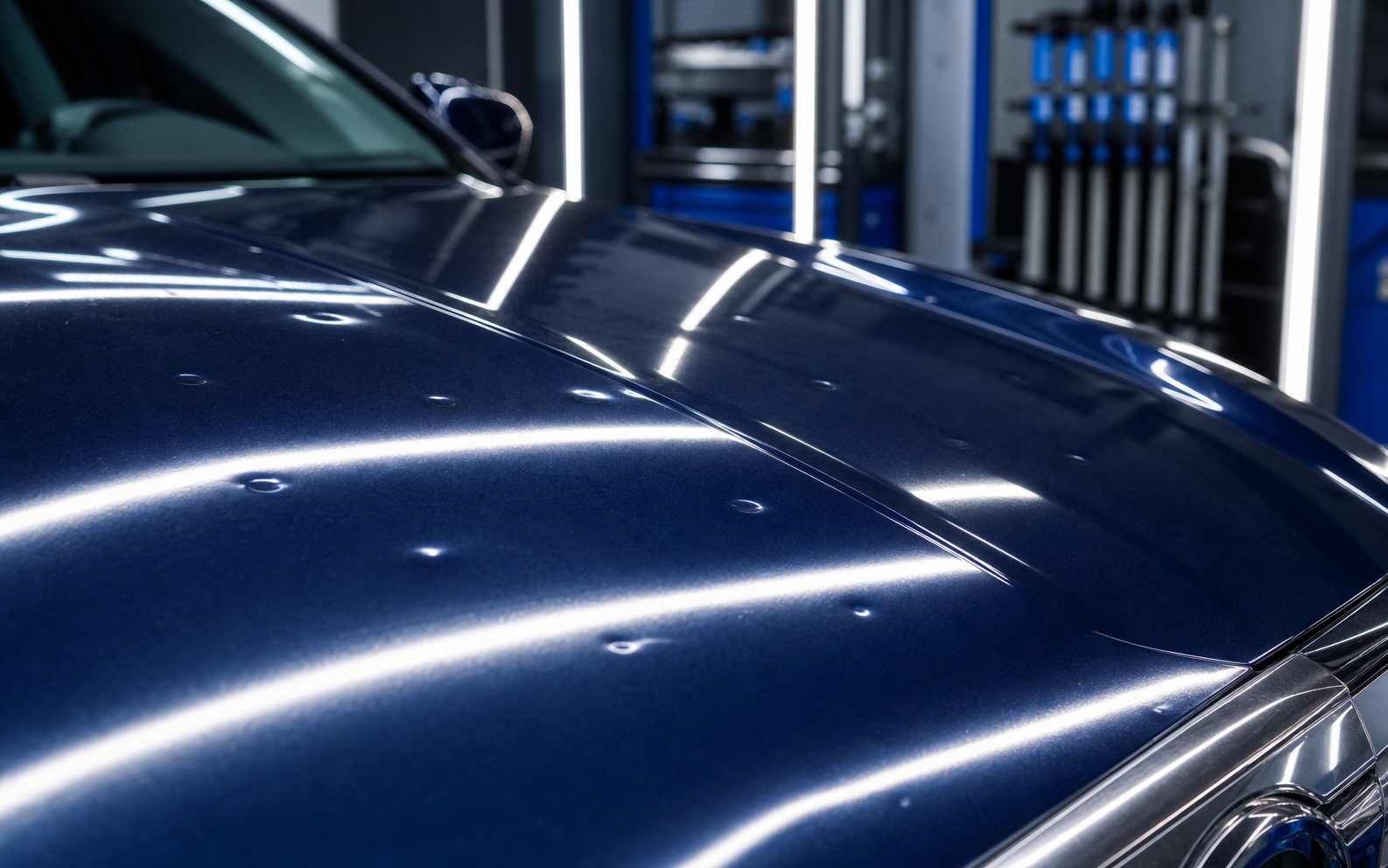 Hail damage inspection on a dark blue vehicle hood